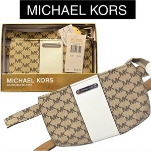 MICHAEL KORS White/Tan MK Monogram Adjustable Waist Belt w/Small Fanny Pack, NWT
